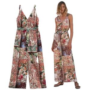 Zara Sleeveless Paisley Floral Multicolour Sleeveless V Neck Wide Leg Jumpsuit